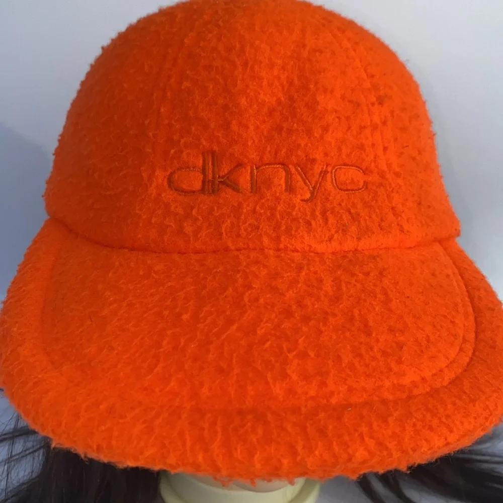 Vintage Donna Karan New York 6 Panel Orange Fuzzy Fleece Adjustable Strap OS